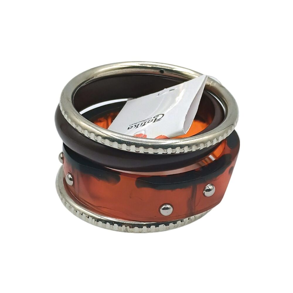 Antika Collection Bangle Bracelet Set of 4 Brown Mixed Media Silver Studded New